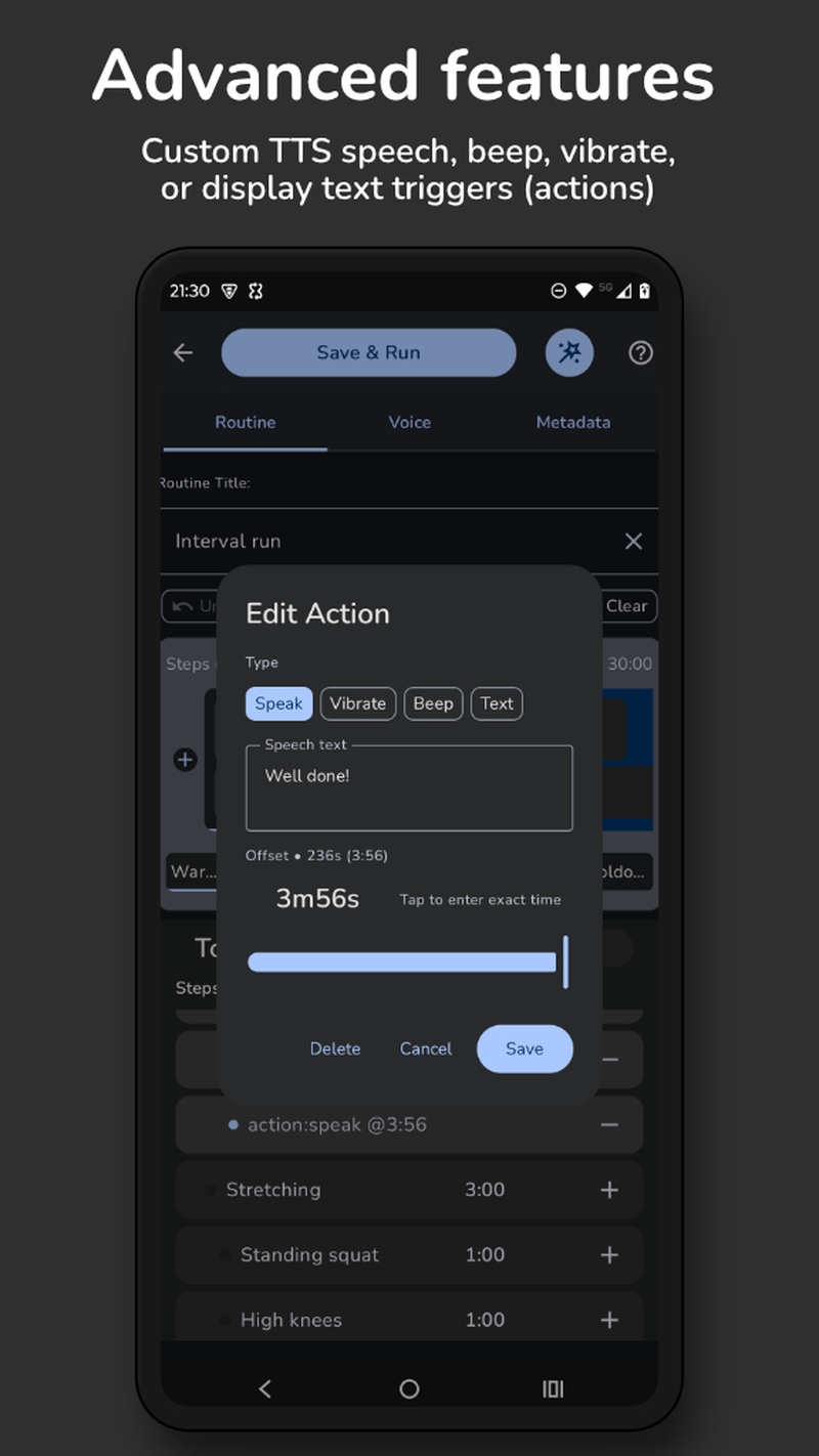 Custom TTS speech, beep, vibrate, or display text triggers (actions)
