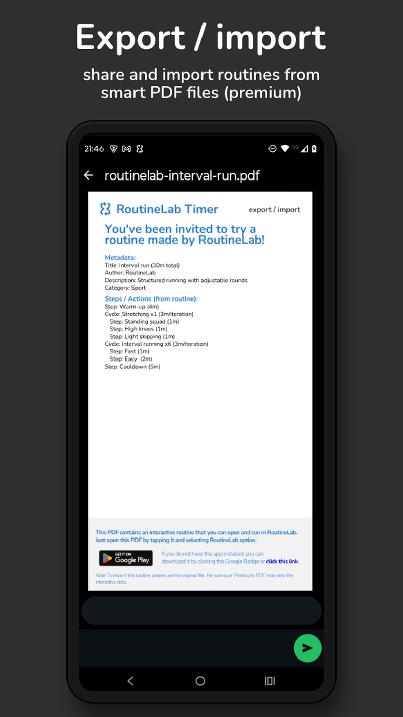 Export and import and share routines as smart PDF files